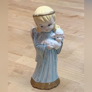 Vintage hand painted ceramic blue eyed Angel with baby lamb 8” tall